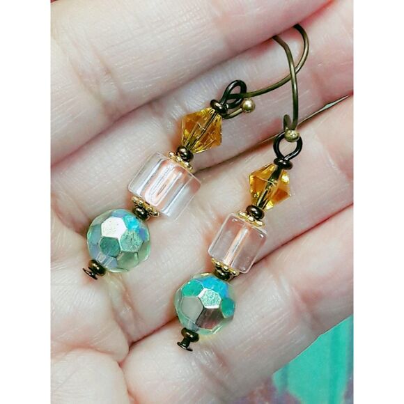 artisan earrings 441#mfs NEW boho green yellow hatpin victorian glass drop earri - Picture 5 of 5